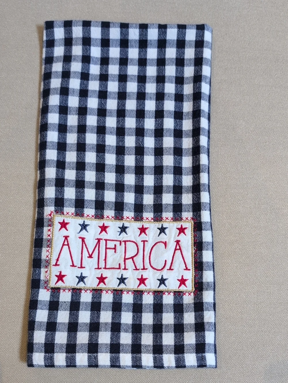 America Embroidered Navy & White Checkered Cotton Kitchen Towel Made In India